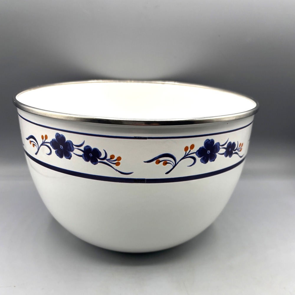 Vtg Kobe Kitchen Japan White Bowl Mixing Blue Floral Silver Trim Enameled
